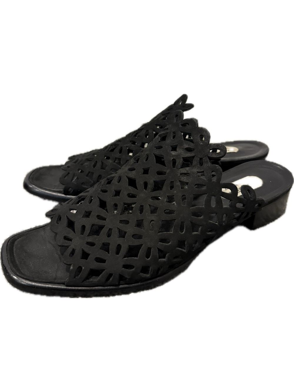 Jean Paul Barriol Laser Cut Heeled Sandals in Black
